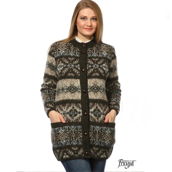 Freyja Icelandic Wool Cardigan Medium Nordic FairIsle Sweater Brown Gray Pockets - Picture 1 of 8